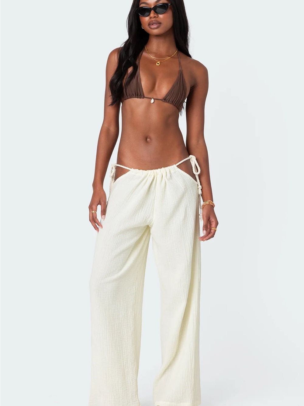 Edikted Leoni Cream Side Tie Drawstring Cotton Wide-Leg Beach Pants Large